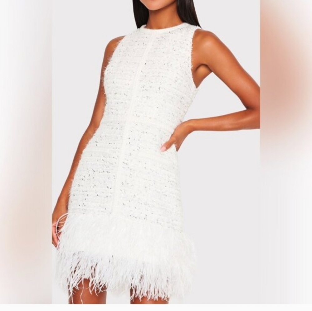 MILLY White Tweed DRESS with Feather Fringe 8. NWOT